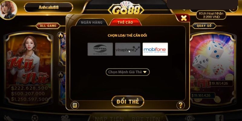 Nạp tiền vào tài khoản game bắn cá Go88